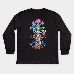 Terrifying totem formed by the most famous Halloween monsters Kids Long Sleeve T-Shirt